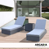 Arcadia Furniture Outdoor 3 Piece Sunlounge Set Rattan Garden Day Bed Lounger - Black and Grey - Front View