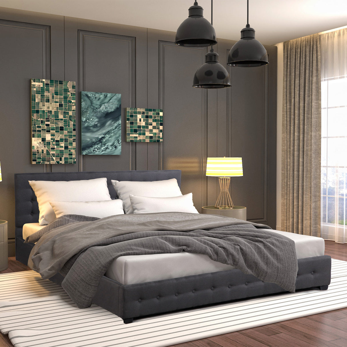 Milano Decor Eden Gas Lift Bed With Headboard Platform Storage Dark Grey Fabric - Queen - Dark Grey
