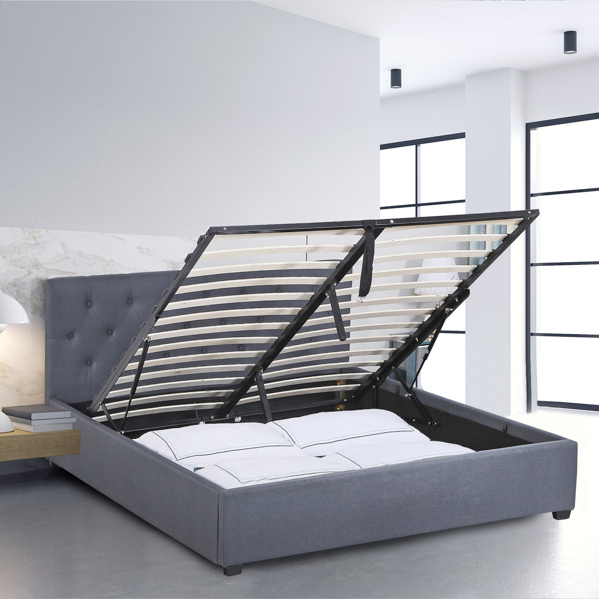 Milano Capri Luxury Gas Lift Bed Frame Base And Headboard With Storage - King Single - Grey