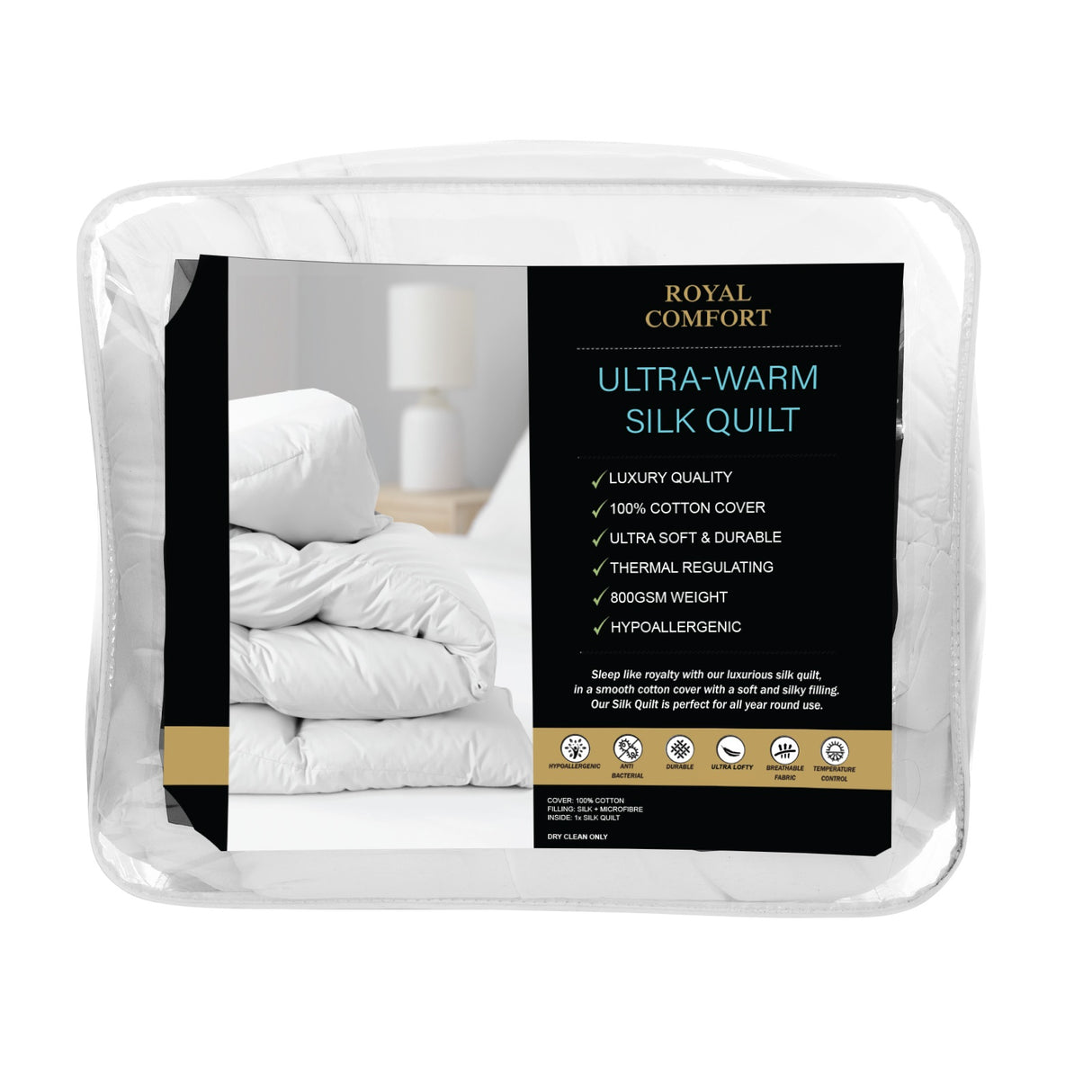 Royal Comfort 800GSM Silk Blend Quilt Duvet Ultra Warm Winter Weight - Double - White