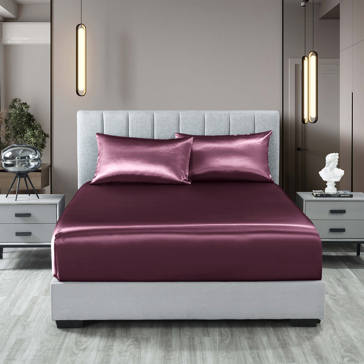 Royal Comfort Satin Sheet Set 3 Piece Fitted Sheet Pillowcase Soft - Queen - Malaga Wine