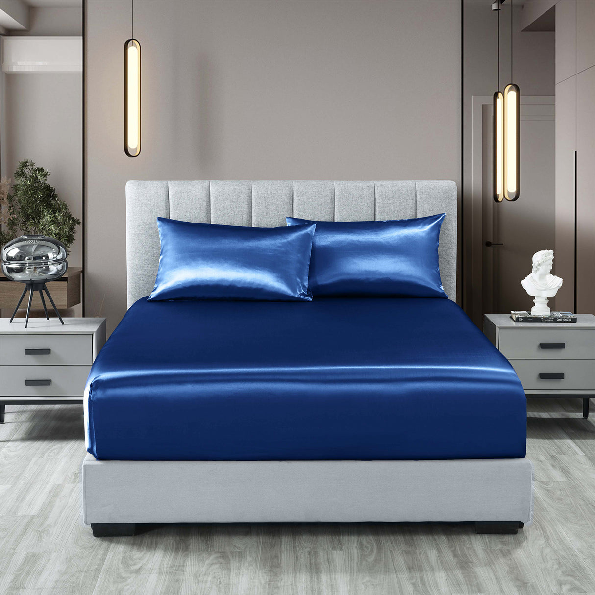 Royal Comfort Satin Sheet Set 3 Piece Fitted Sheet Pillowcase Soft - Queen - Navy Blue