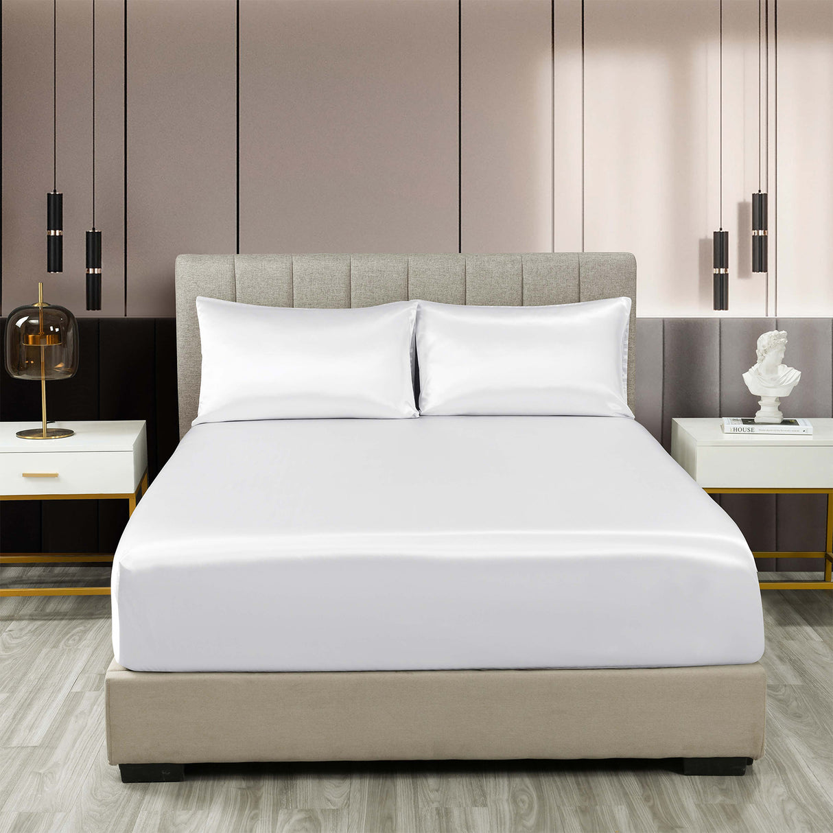 Royal Comfort Satin Sheet Set 3 Piece Fitted Sheet Pillowcase Soft - King - White