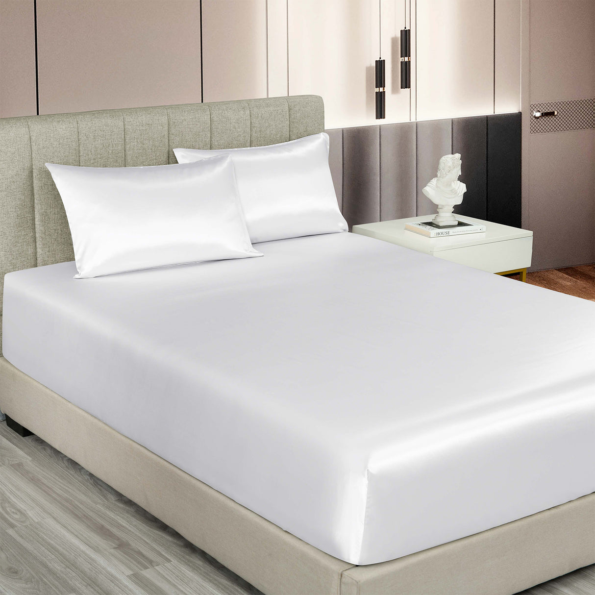 Royal Comfort Satin Sheet Set 3 Piece Fitted Sheet Pillowcase Soft - King - White