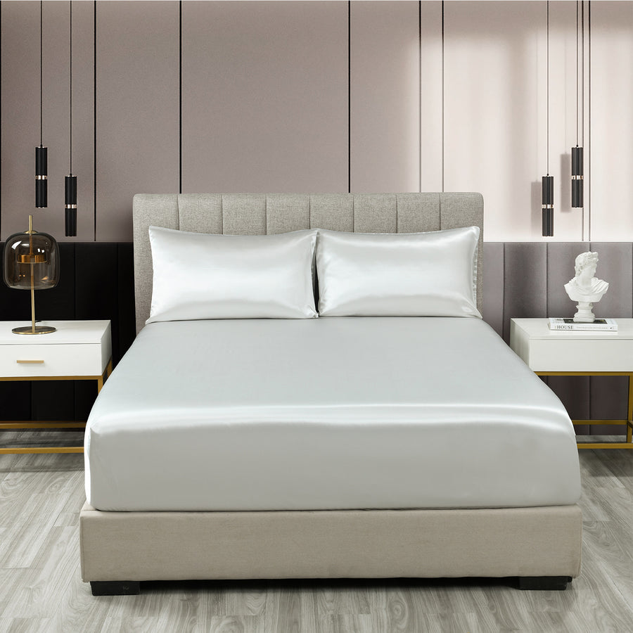 Royal Comfort Satin Sheet Set 3 Piece Fitted Sheet Pillowcase Soft - King - Silver