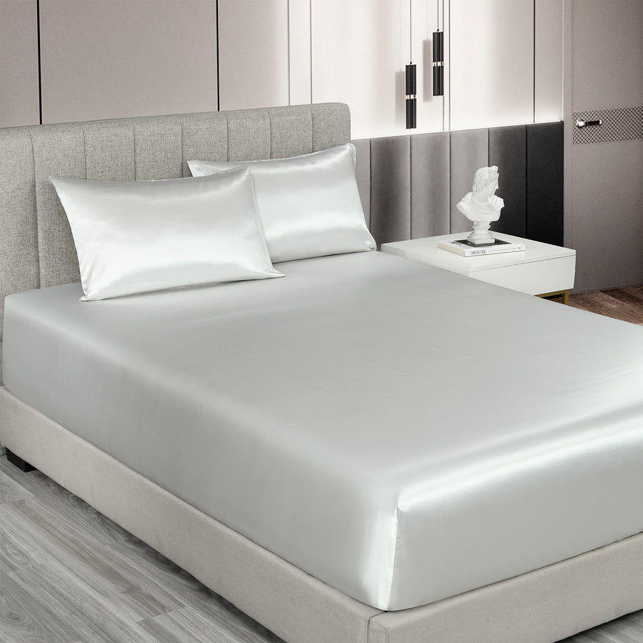 Royal Comfort Satin Sheet Set 3 Piece Fitted Sheet Pillowcase Soft - King - Silver