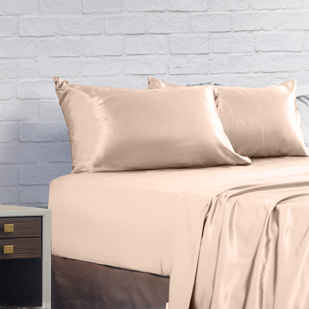 Royal Comfort Satin Sheet Set 4 Piece Fitted Flat Sheet Pillowcases - Queen - Champagne Pink