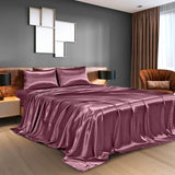 Royal Comfort Satin Sheet Set 4 Piece Fitted Flat Sheet Pillowcases  - Queen - Malaga Wine - Side View