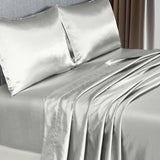 Royal Comfort Satin Sheet Set 4 Piece Fitted Flat Sheet Pillowcases  - Queen - Silver - Close-Up Angle