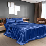 Royal Comfort Satin Sheet Set 4 Piece Fitted Flat Sheet Pillowcases  - Queen - Navy Blue - Side View