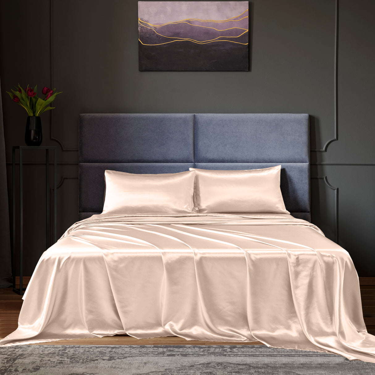 Royal Comfort Satin Sheet Set 4 Piece Fitted Flat Sheet Pillowcases - King - Champagne Pink