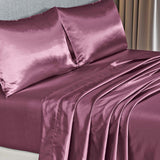 Royal Comfort Satin Sheet Set 4 Piece Fitted Flat Sheet Pillowcases  - King - Malaga Wine - Close-Up Angle