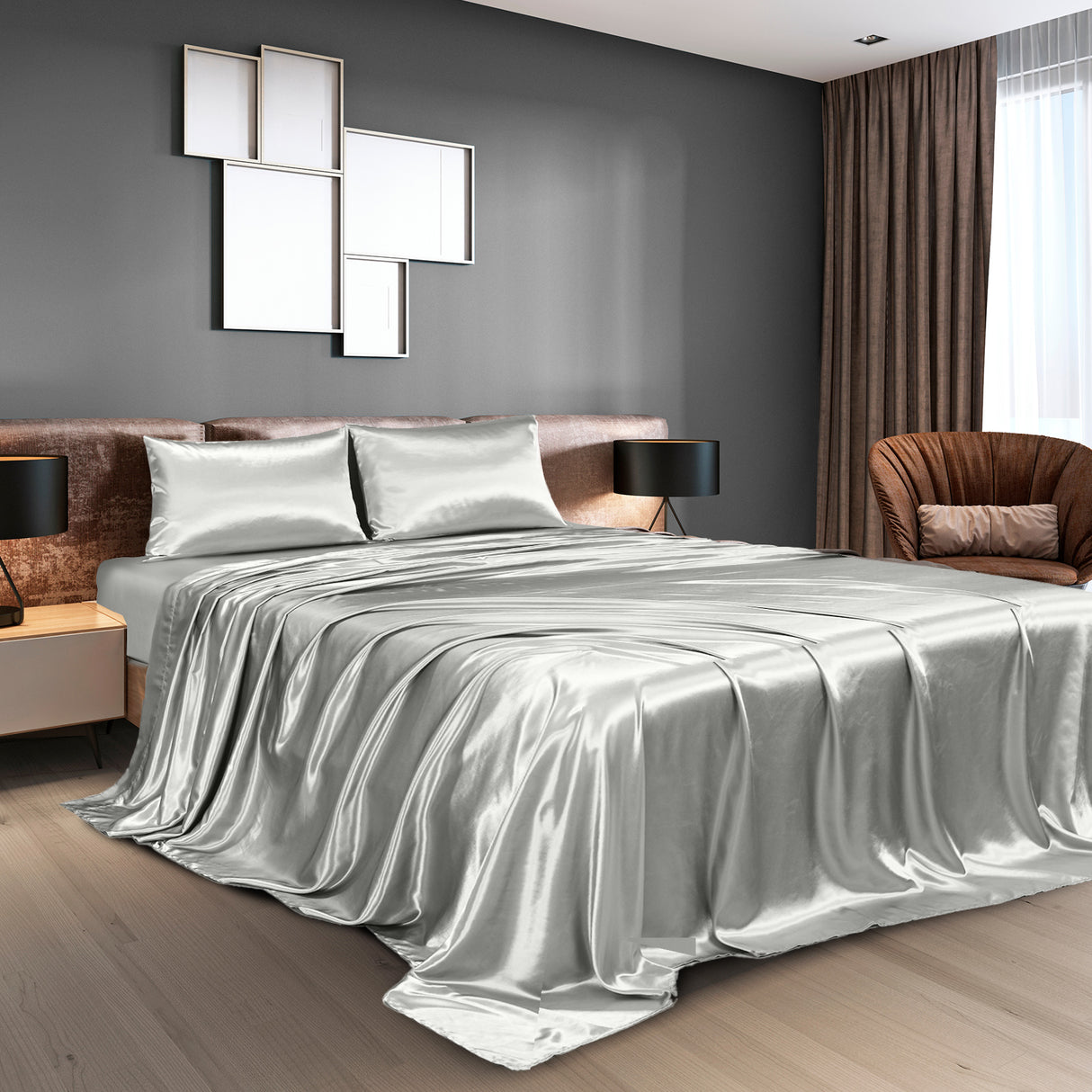 Royal Comfort Satin Sheet Set 4 Piece Fitted Flat Sheet Pillowcases - King - Silver