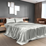 Royal Comfort Satin Sheet Set 4 Piece Fitted Flat Sheet Pillowcases  - King - Silver - Side View