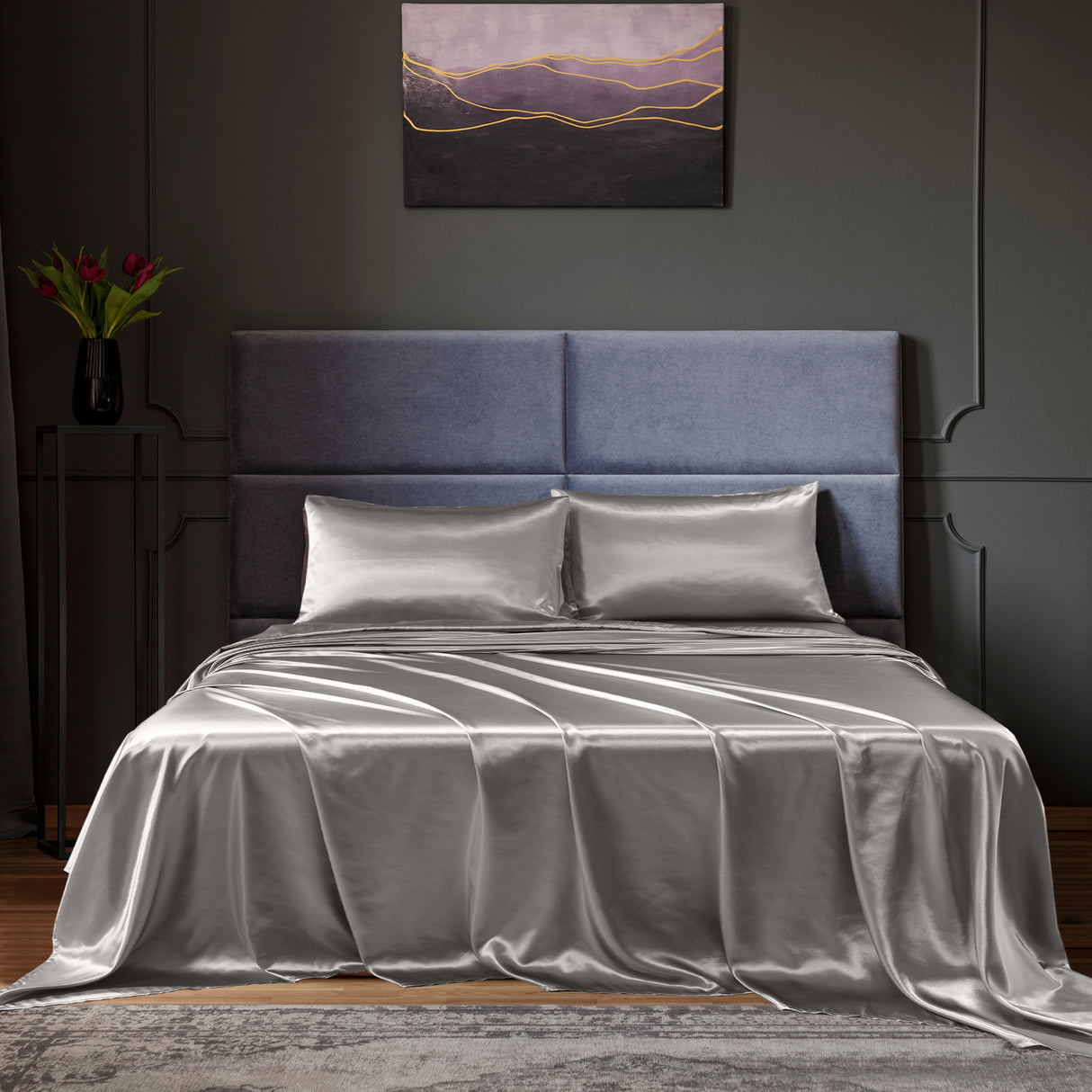 Royal Comfort Satin Sheet Set 4 Piece Fitted Flat Sheet Pillowcases - King - Charcoal