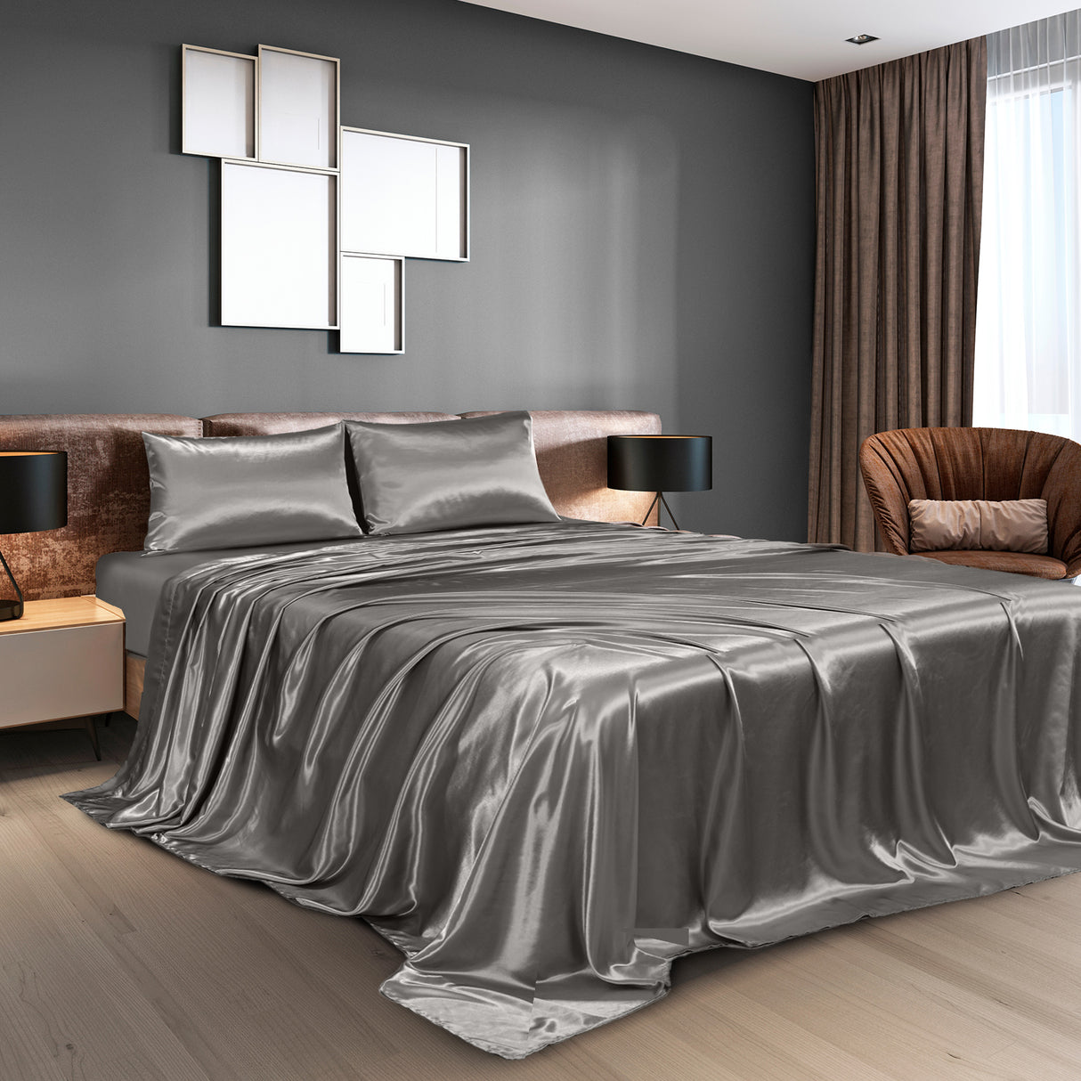 Royal Comfort Satin Sheet Set 4 Piece Fitted Flat Sheet Pillowcases - King - Charcoal