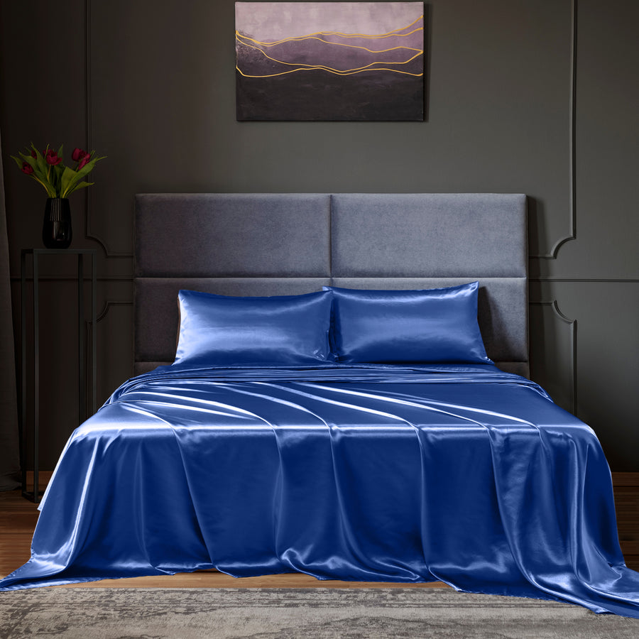 Royal Comfort Satin Sheet Set 4 Piece Fitted Flat Sheet Pillowcases - King - Navy Blue