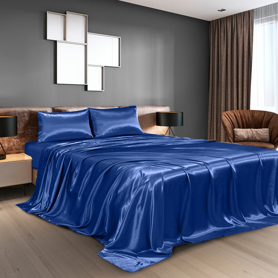 Royal Comfort Satin Sheet Set 4 Piece Fitted Flat Sheet Pillowcases - King - Navy Blue