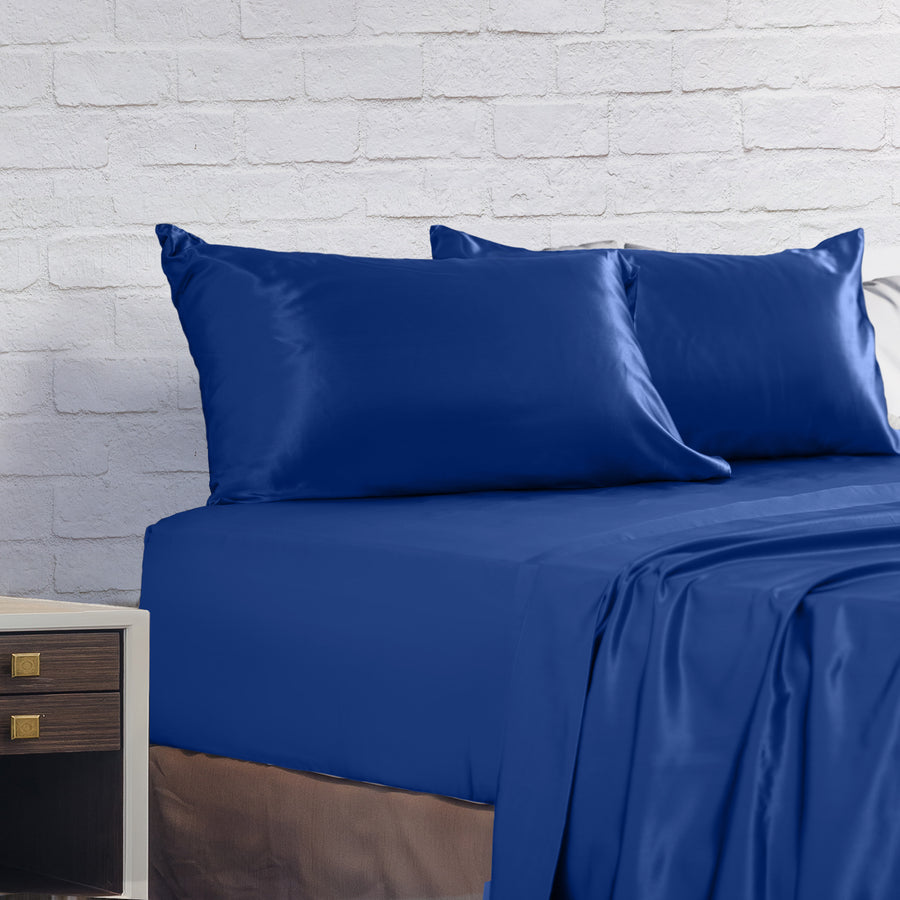 Royal Comfort Satin Sheet Set 4 Piece Fitted Flat Sheet Pillowcases - King - Navy Blue