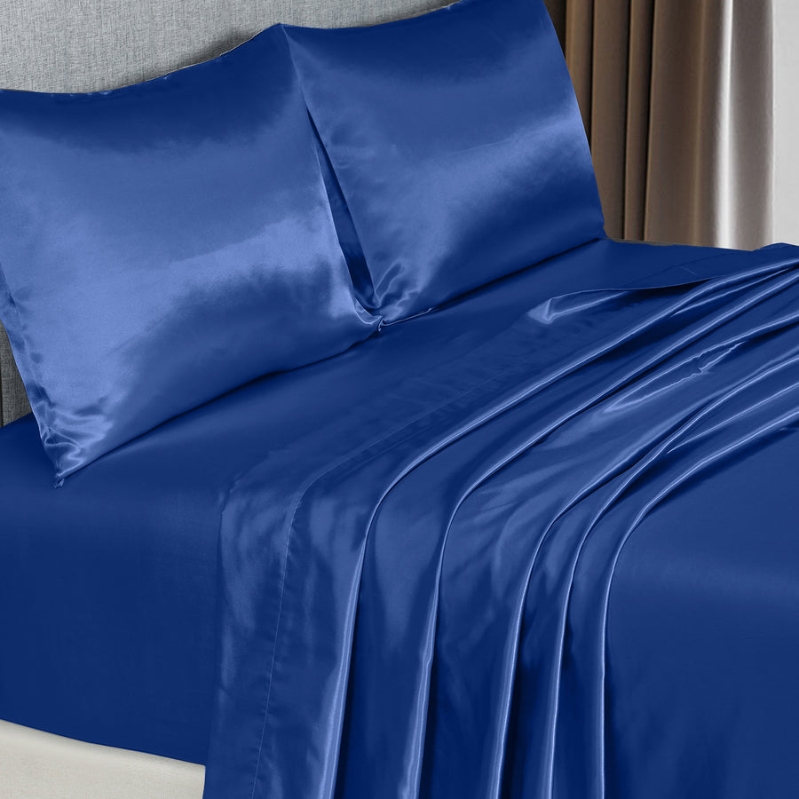 Royal Comfort Satin Sheet Set 4 Piece Fitted Flat Sheet Pillowcases - King - Navy Blue