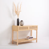 Casa Decor Santiago Rattan Console Table Entry Table Storage Hallway Wood Oak - 45-Degree Angle