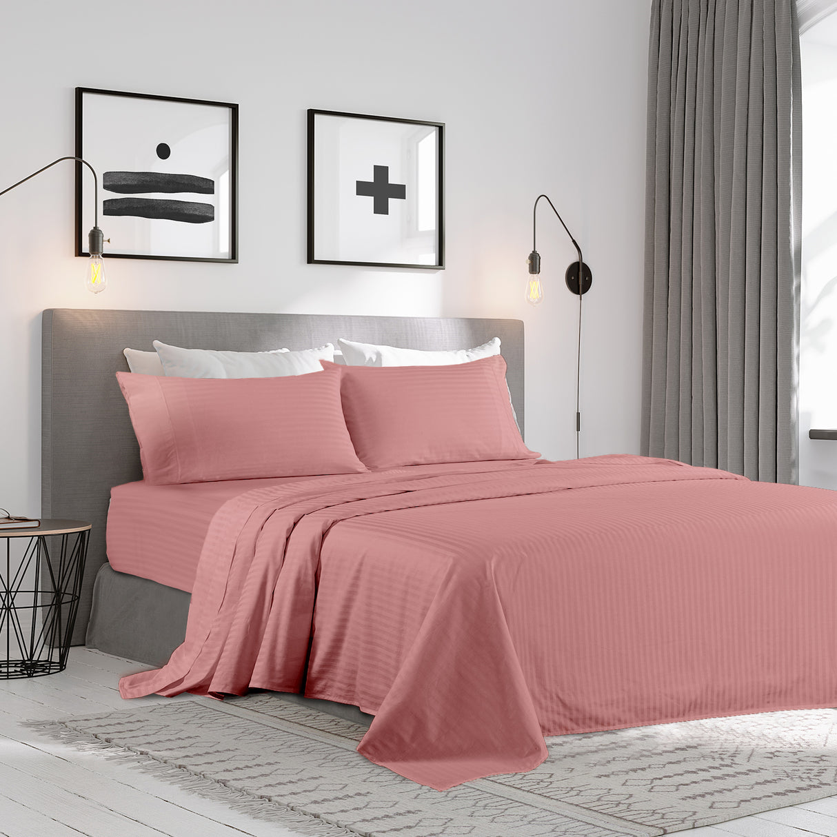 Kensington 1200 Thread Count 100% Egyptian Cotton Sheet Set Stripe - Queen - Desert Rose