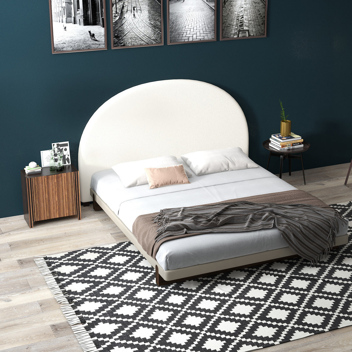 Milano Decor Ariana Curved Boucle Bedhead Headboard Upholstered Cushioned White - Queen - White