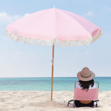 Havana Outdoors Beach Umbrella Portable 2 Metre Fringed Garden Sun Shade Shelter - Dusty Rose - Front View