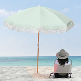 Havana Outdoors Beach Umbrella Portable 2 Metre Fringed Garden Sun Shade Shelter - Sage Green - Front View