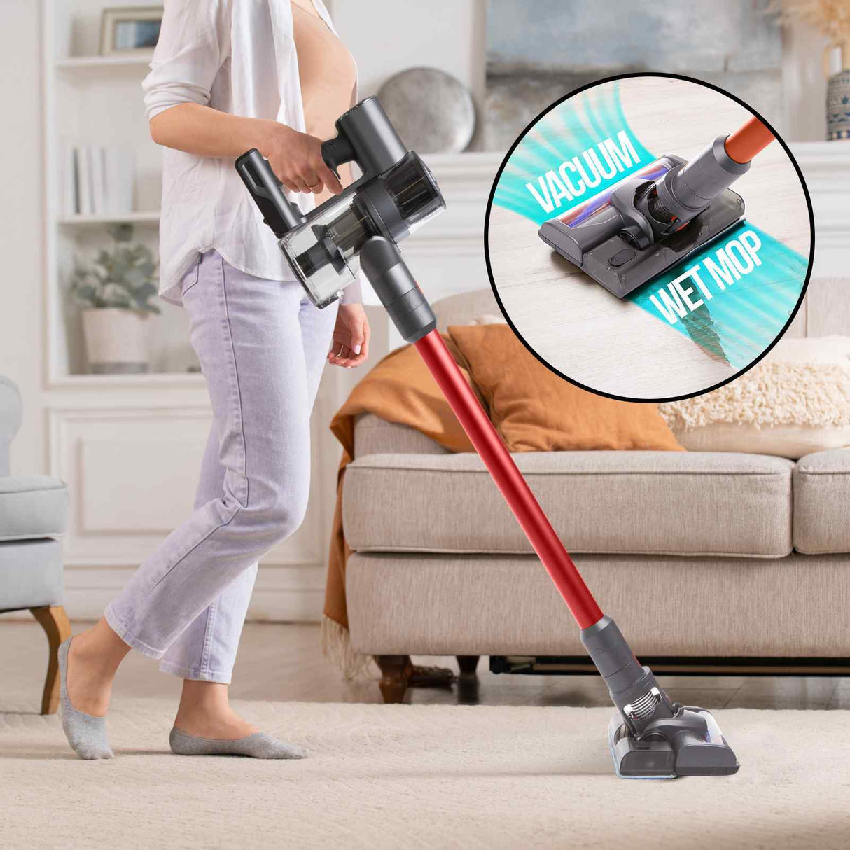 MyGenie H20 PRO Wet Mop 2-IN-1 Cordless Stick Vacuum Cleaner Handheld Recharge - Red