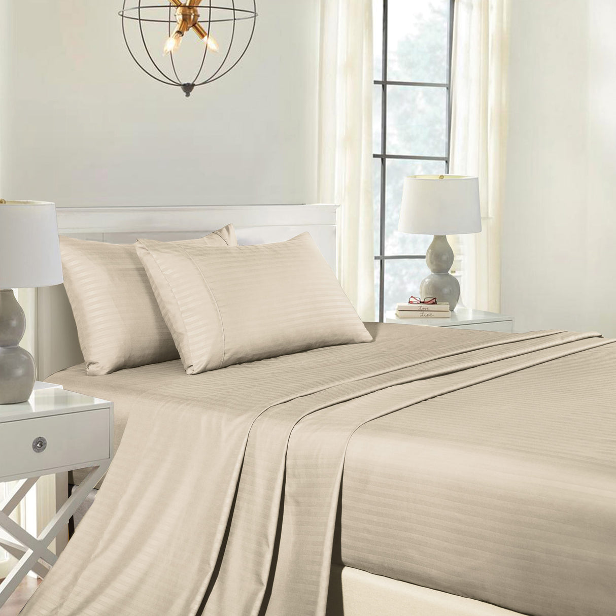Royal Comfort Cooling Bamboo Blend Sheet Set Striped 1000 Thread Count Pure Soft - Queen - Sand