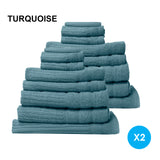 Royal Comfort 16 Piece Egyptian Cotton Eden Towel Set 600GSM Luxurious Absorbent - Turquoise - Front View