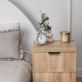 PORTO BEDSIDE TABLE - NATURAL OAK - SLIM - PULL BLACK - Front View