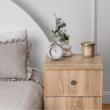 PORTO BEDSIDE TABLE - NATURAL OAK - SLIM - ROUND BLACK - Front View