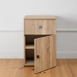 PORTO BEDSIDE TABLE - NATURAL OAK - SLIM - ROUND BLACK - Side View