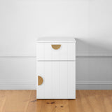 PORTO BEDSIDE TABLE - WHITE - VJ PANEL - HALF MOON BRASS - Side View