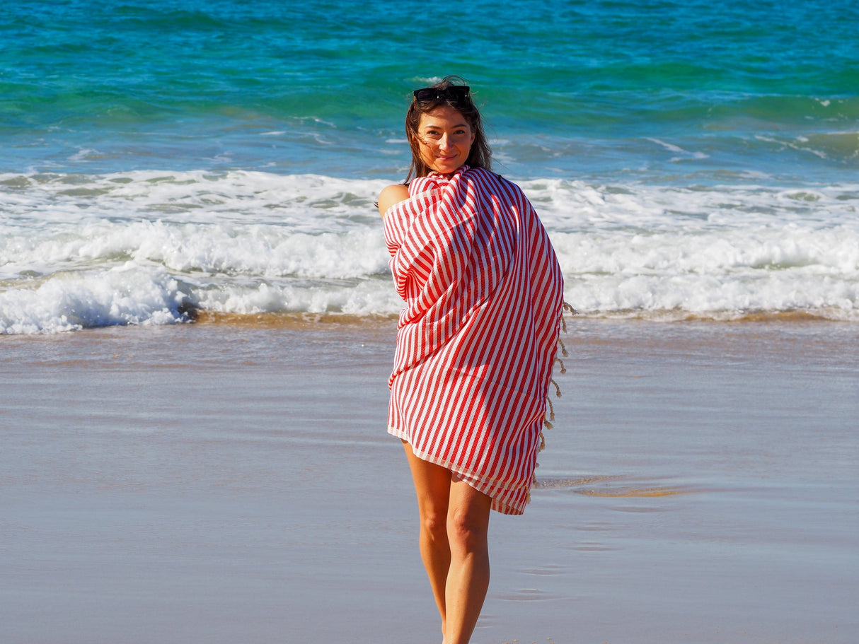 PORTSEA TURKISH COTTON BEACH TOWEL - CHERRY RED