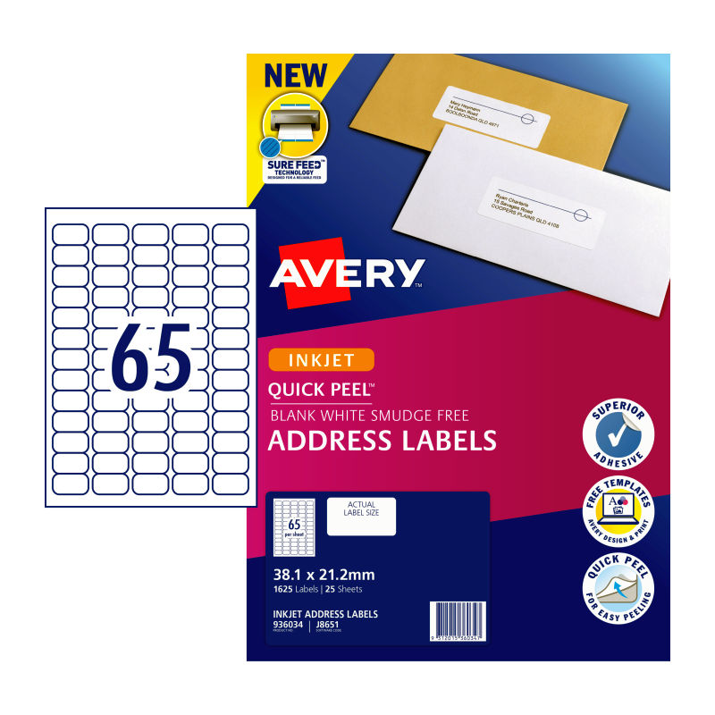 AVERY J8651R 65-Up Labels, Pack of 25