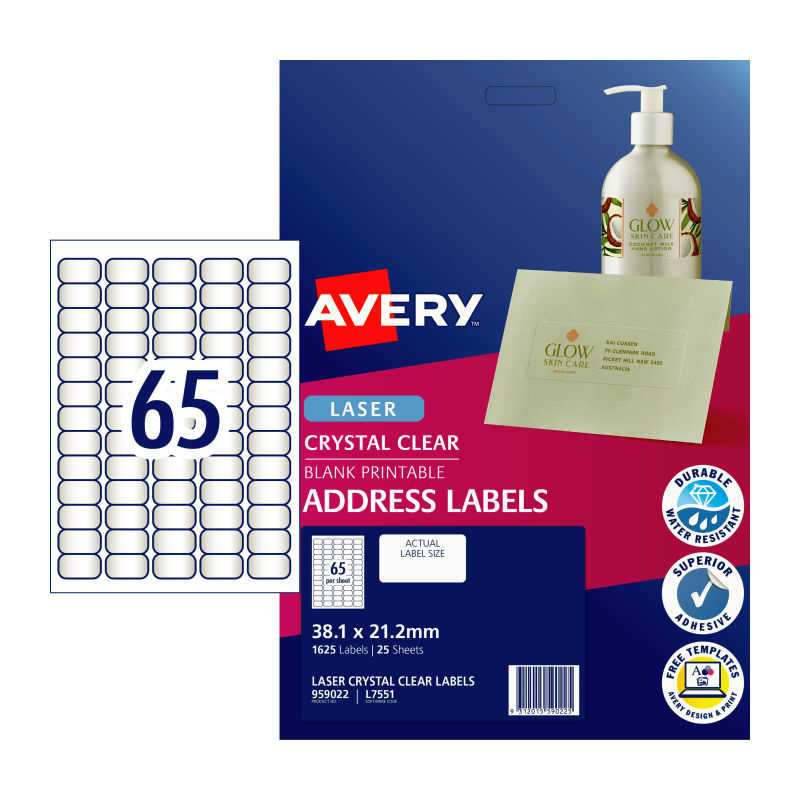 AVERY Clear Laser Labels L7551 - 65 Labels per Sheet, Pack of 25