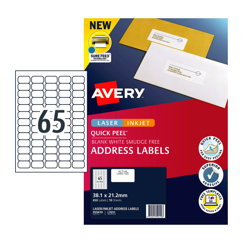 Avery Quick Peel Address Labels L7651 - 65 Labels per Sheet, Pack of 10