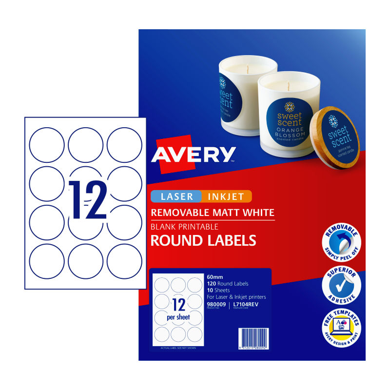 AVERY Round Labels L7104, 60mm, 12 per Sheet, Pack of 10