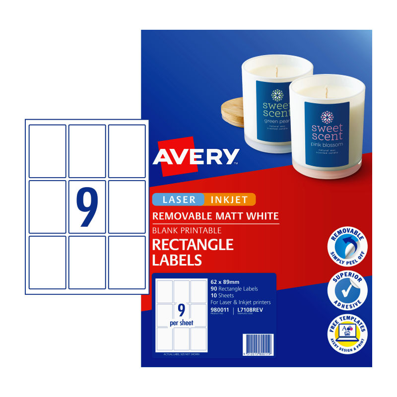 AVERY Rectangular Labels L7108REV - 9 Per Sheet, Pack of 10