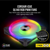 CORSAIR QL140 RGB Dual Fan Kit with Lighting Node Core, ICUE, Anti Vibration, Low-Noise 140 mm Fan Blade, RGB LED PWM Fan 26dBA, 502 CFM, 2 Fan Pack - Side View