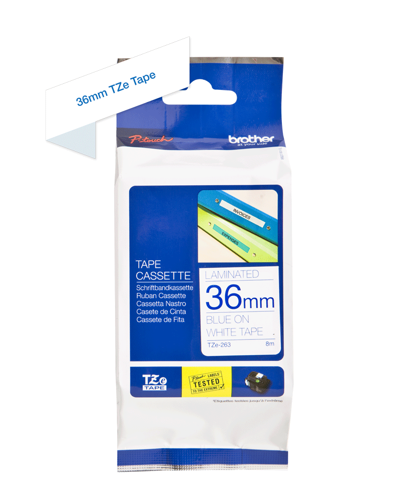 Genuine Brother TZe-263 Labelling Tape Cassette ?? Blue on White, 36mm wide, 8m long Compatible with a wide range of Brother??s P-touch printers