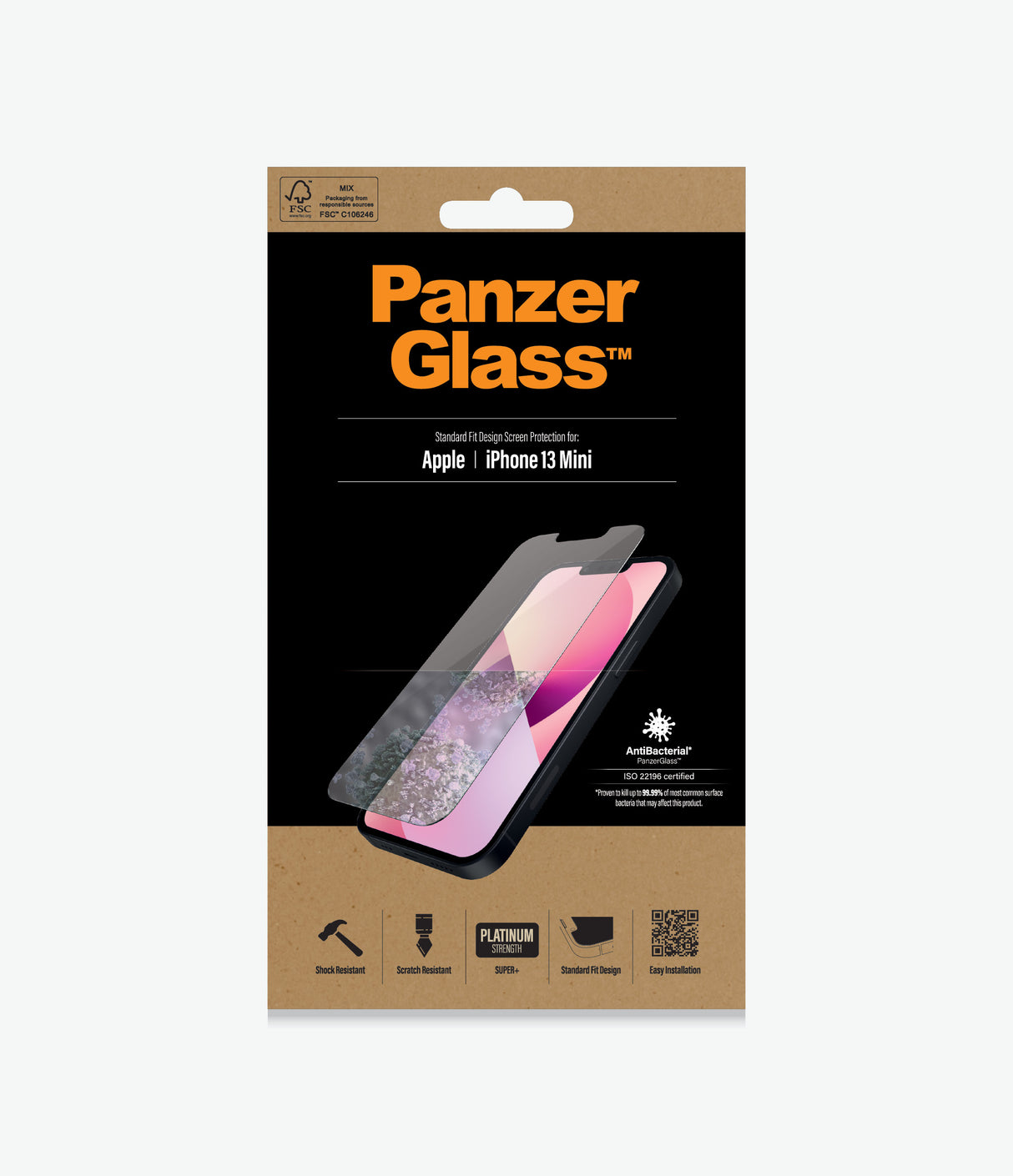 PanzerGlass Antibacterial Screen Protector for iPhone 13 Mini - Full Frame, Rounded Edges, Scratch & Shock Resistant