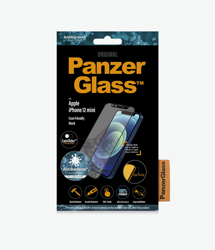 PanzerGlass Antibacterial Screen Protector for iPhone 12 Mini - Black (2713) with CamSlider - Full Coverage, Shock Absorbing, and Case Friendly