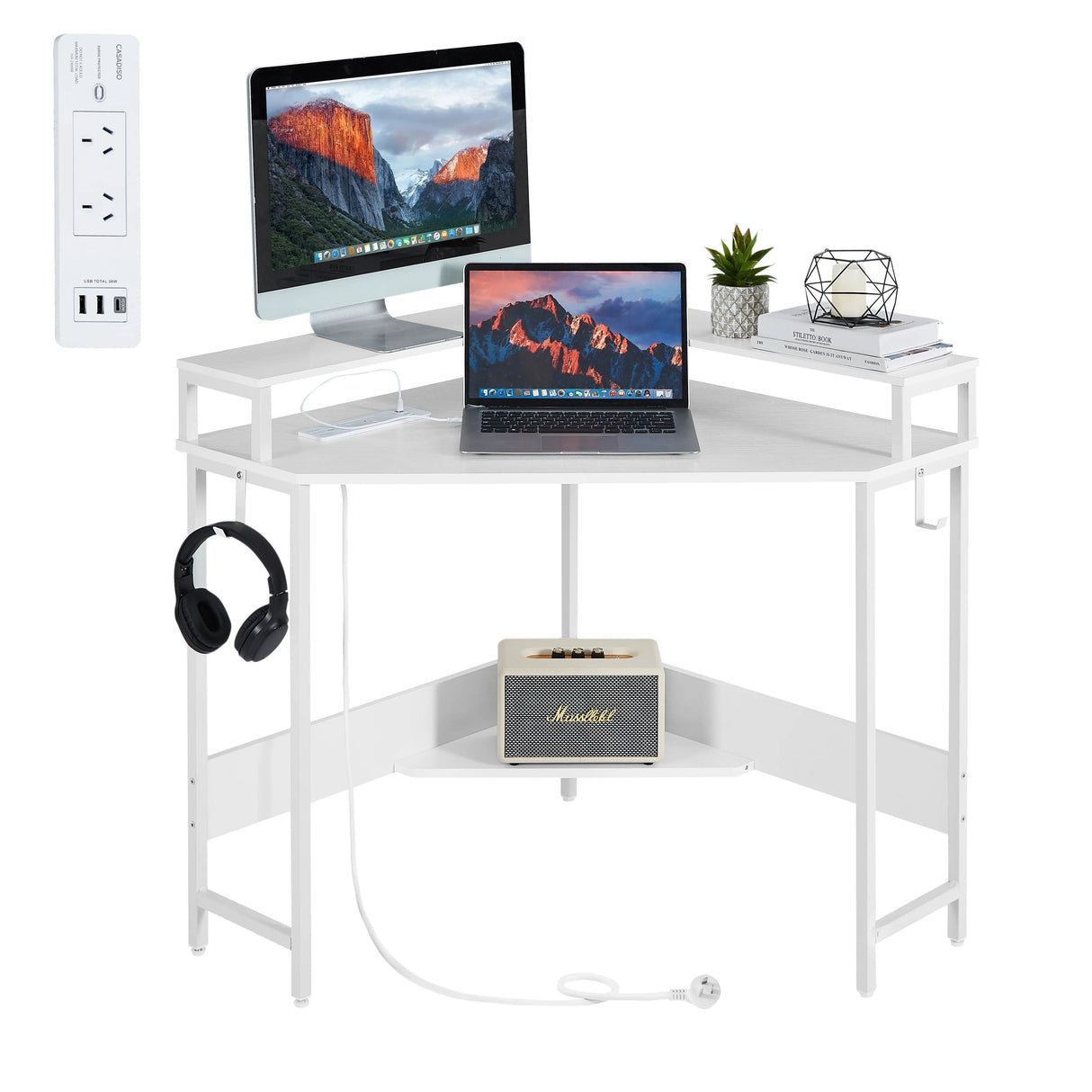 Compact L-Shaped Corner Desk with Built-In Power Board White