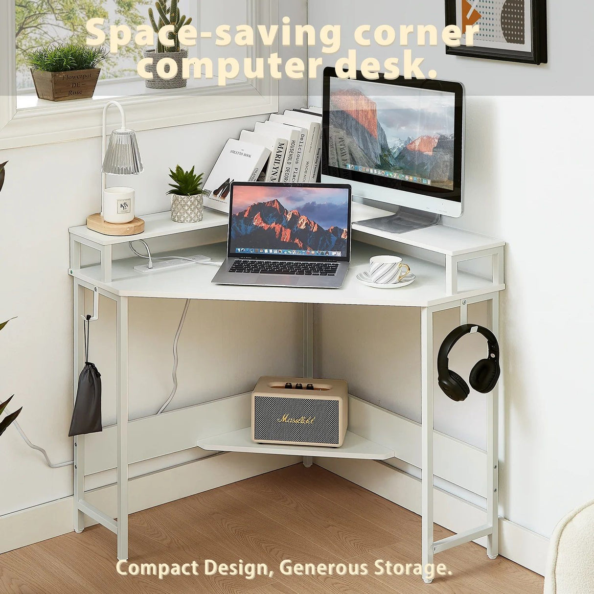 Compact L-Shaped Corner Desk with Built-In Power Board White