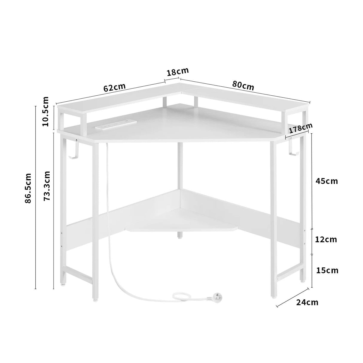 Compact L-Shaped Corner Desk with Built-In Power Board White