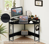 L-Shaped Desk with Built-In Charging Station Black